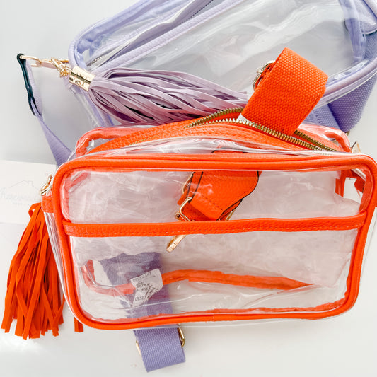 clear bag football, basketball, baseball, soccer, tennis, cross over bag with leather accents and tassel