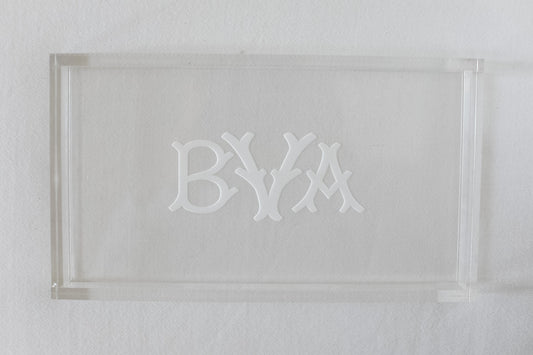 monogram acrylic clear tray, gift, center piece, home decor, chic, grand millennial